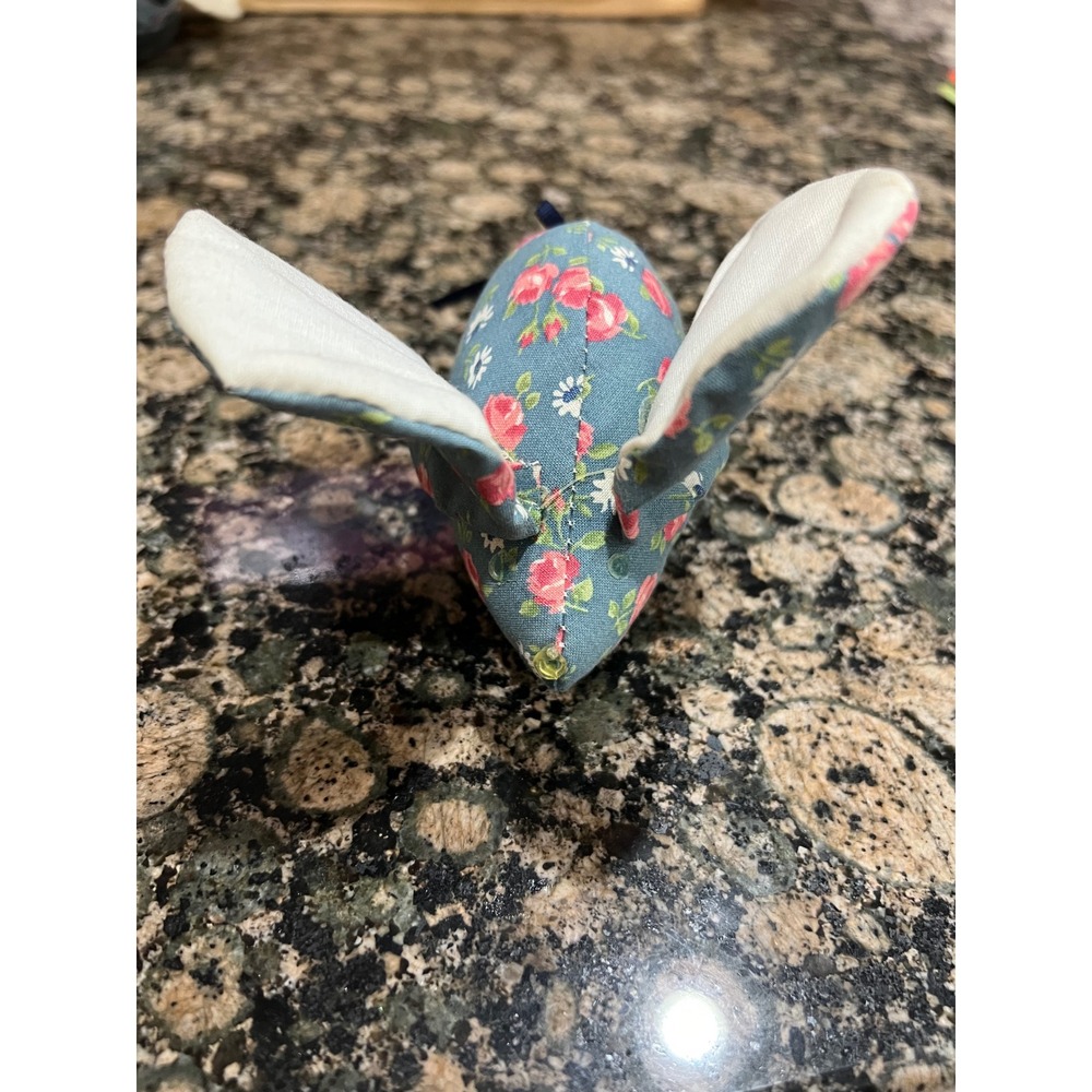 Handmade Blue Floral Fabric Mouse Figurine Pink Rose Print Soft Sculpture Decor